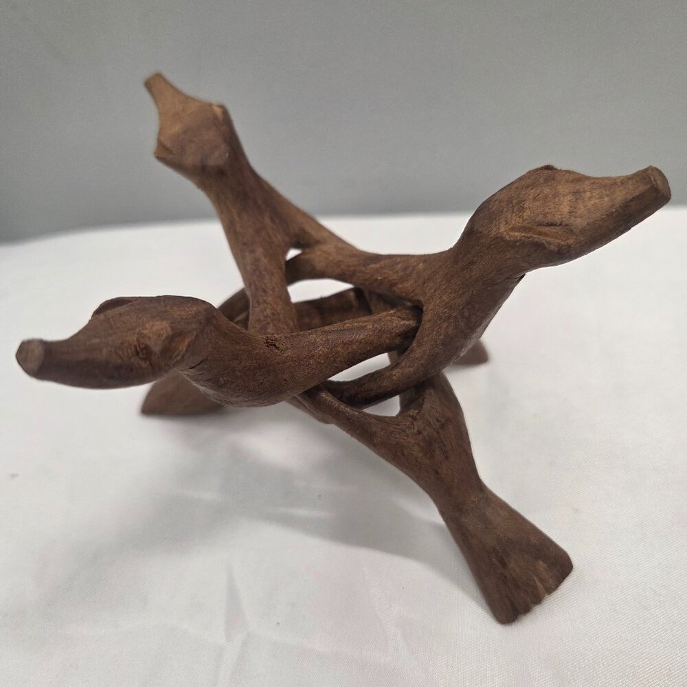 HAND CARVED VINTAGE COBRA ANIMAL HEAD FOLDING WOODEN TRIPOD PLANT STAND